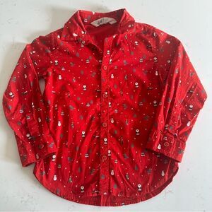 H&M Christmas Toddler Boy Button Up Shirt Size 3/4 Santa Dinosaur Snowman Red